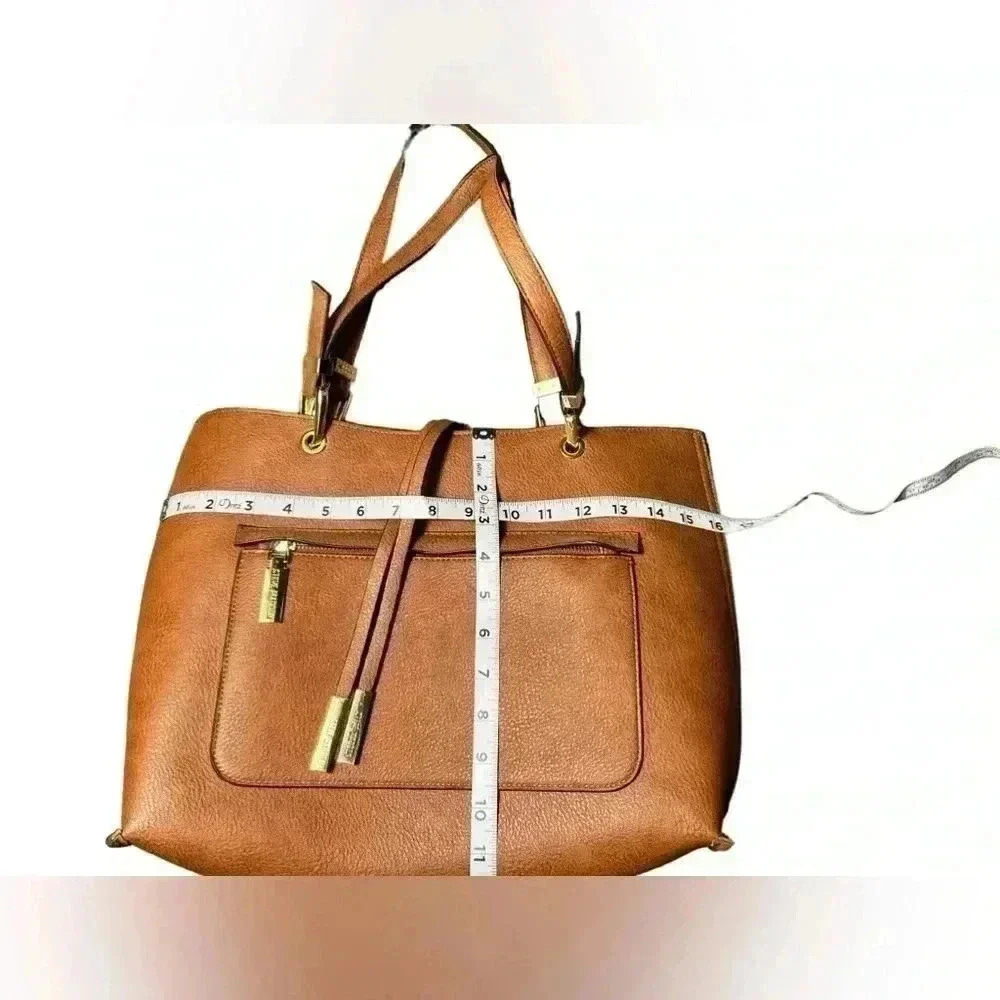 Steve Madden Brown Faux Leather Tote Bag Large Shoulder Purse Gold Hardware - Picture 13 of 15